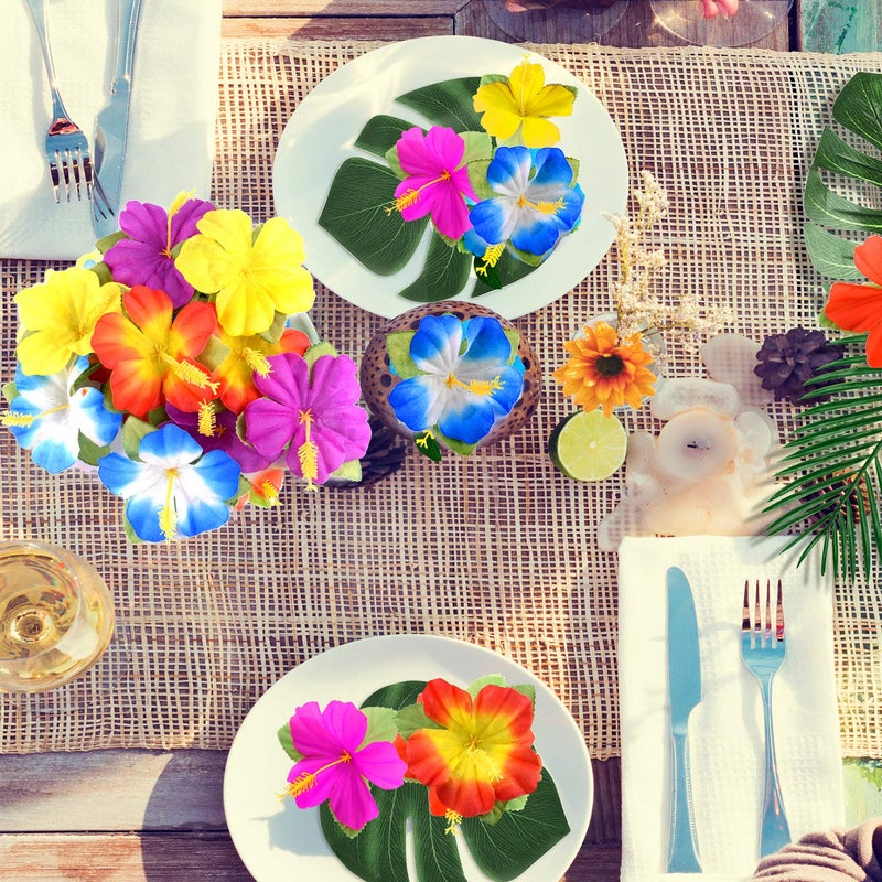 KUUQA 60 Pcs Wrinkle Prevention Flowers and Tropical Leaves for Tropical Party Decorations Supplies, Artificial Hibiscus Flowers Tropical Palm Leaves for Hawaiian Safari BBQ Luau Party Decorations - Image 5